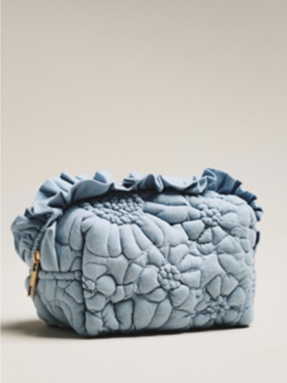Anthropologie Quilted Floral Cosmetic Pouch - Dusty Blue